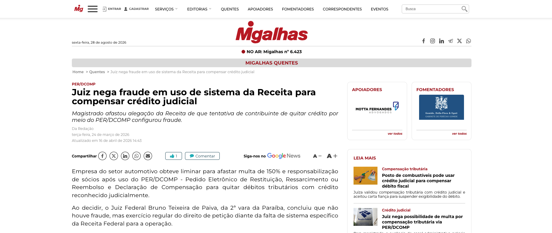 Justiça Afasta Alegação de Fraude no Uso do PER/DCOMP