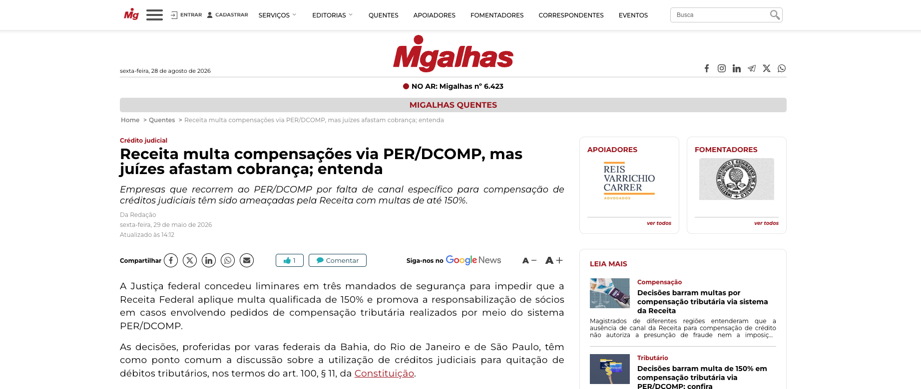 JUDICIÁRIO AFASTA MULTA IMPOSTA PELA RECEITA FEDERAL